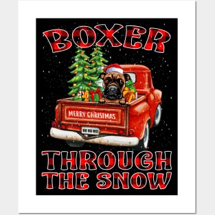 Christmas Boxer Through The Snow Dog Santa Truck Tree Posters and Art